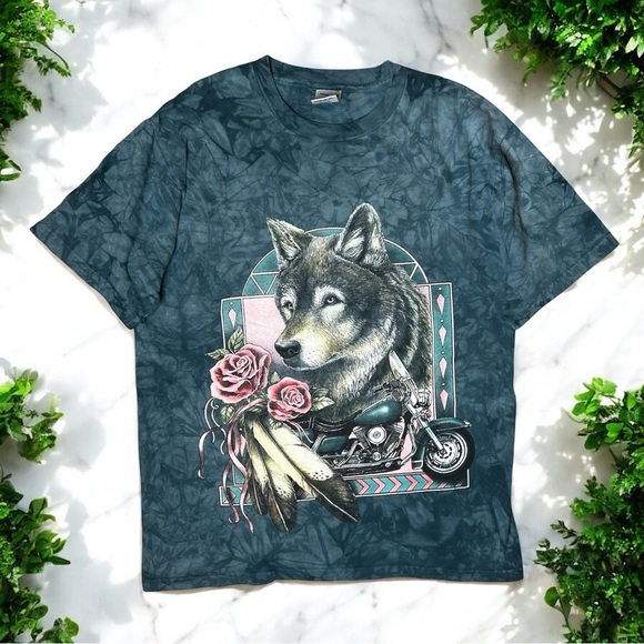 Boho Wolf Motorcycle Graphic Tee Delta Pro Weight Biker Roses Feathers USA Made - Picture 1 of 8